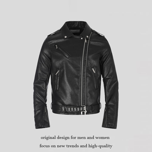 Herren taillierte Bikerjacke aus Kunstleder mit asymmetrischem Reißverschluss und Nieten-Taillengürtel Drune