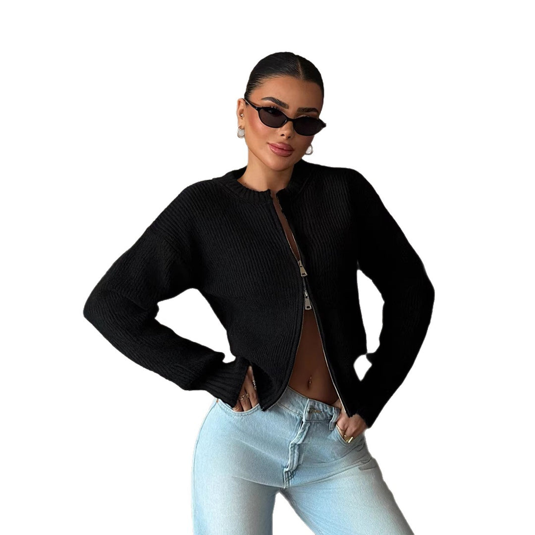 Damen Schicke Strickjacke mit Reißverschluss und breiten Bündchen