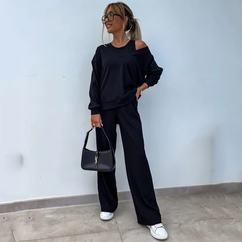 Damen lässiges Rippsweat-Lounge-Set mit Off-Shoulder-Sweatshirt und weit geschnittener High-Waist-Hose Drune