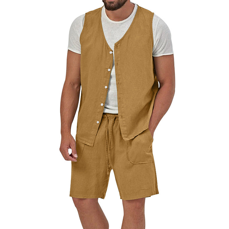 Herren nan zweiteiliges Freizeit-Set mit ärmelloser Knopfweste und weiten Kordelzug-Shorts mit aufgesetzten Taschen Drune