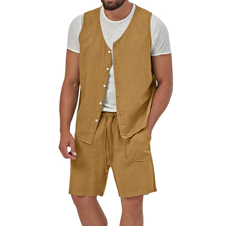 Herren nan zweiteiliges Freizeit-Set mit ärmelloser Knopfweste und weiten Kordelzug-Shorts mit aufgesetzten Taschen Drune