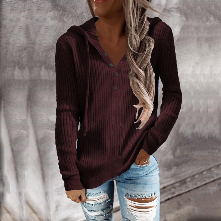 Damen Lässiger gerippter Hoodie-Pullover mit Henley-Knopfleiste und Tunnelzug Drune