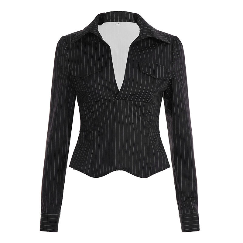 Damen nan tailliertes Langarmshirt mit Twist‑V‑Ausschnitt, Hemdkragen und Nadelstreifen-Optik Drune