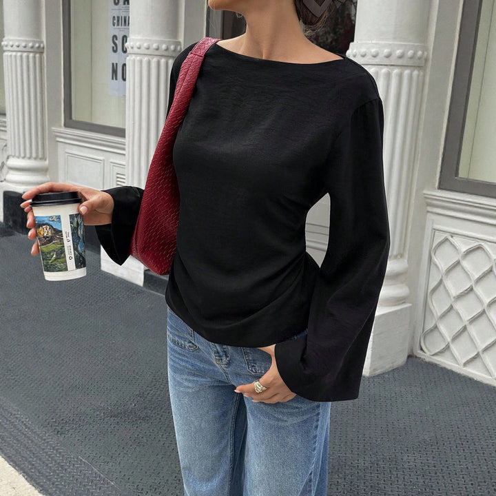 Damen Bootneck-Langarmshirt mit weitem Manschettenärmel und figurbetonter Seitennaht Drune