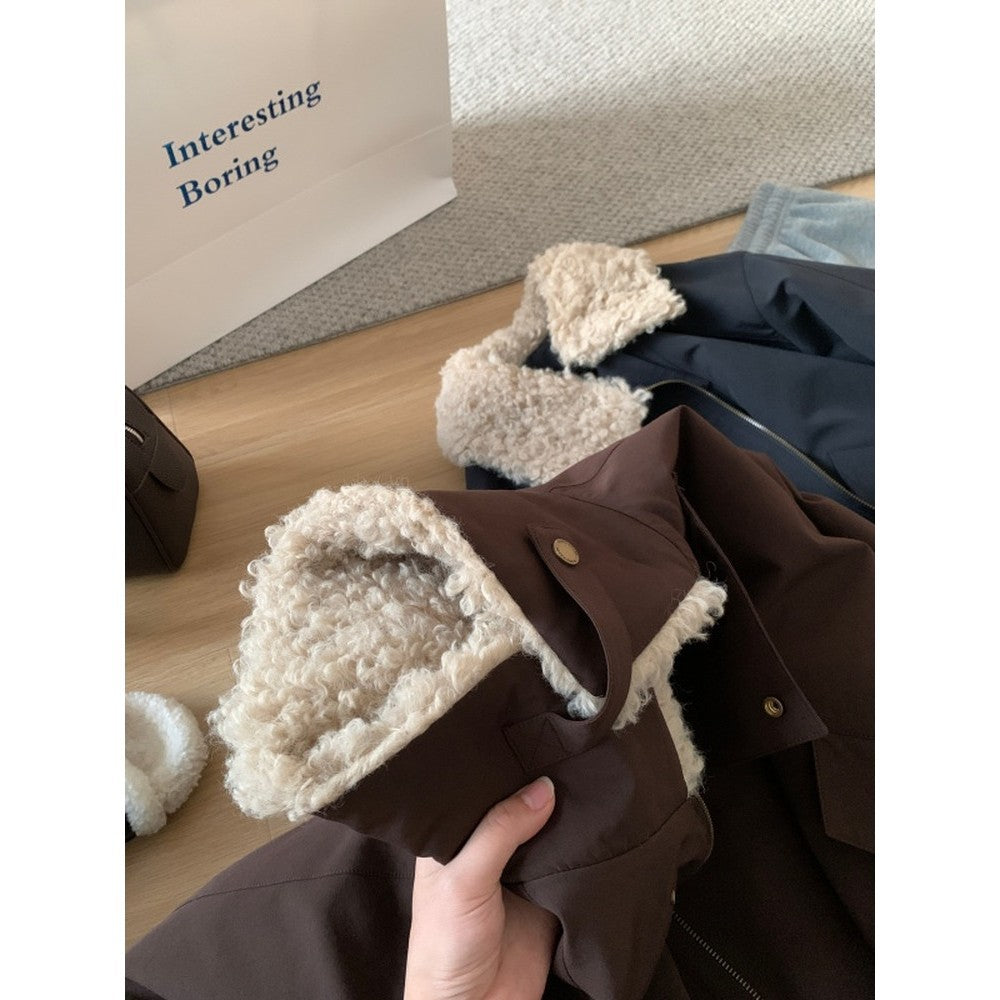 Damen Kurze Oversize-Bomberjacke mit Teddykragen und Druckknopfdetails Drune