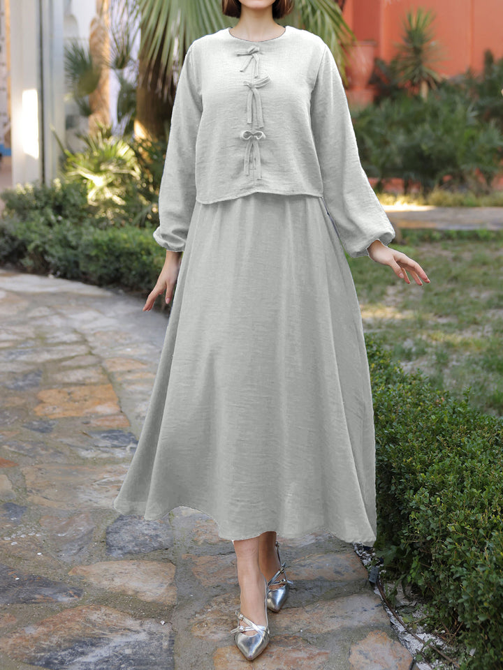 Damen Langes Zweiteiliges Maxikleid mit Überwurf, Rundhals und Zierknoten Drune