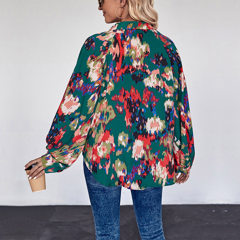 Damen Weites Blusenshirt mit Hemdkragen, abstraktem Print und Ballonärmeln Drune