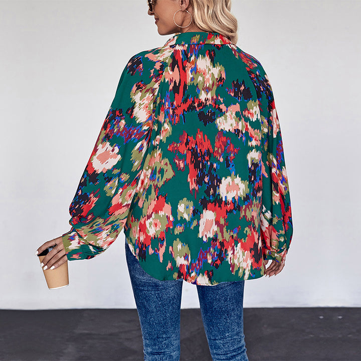 Damen Weites Blusenshirt mit Hemdkragen, abstraktem Print und Ballonärmeln Drune