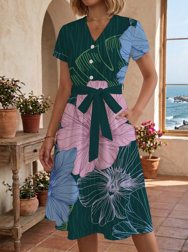 Damen Midikleid mit floralem Muster und Taillengürtel Drune