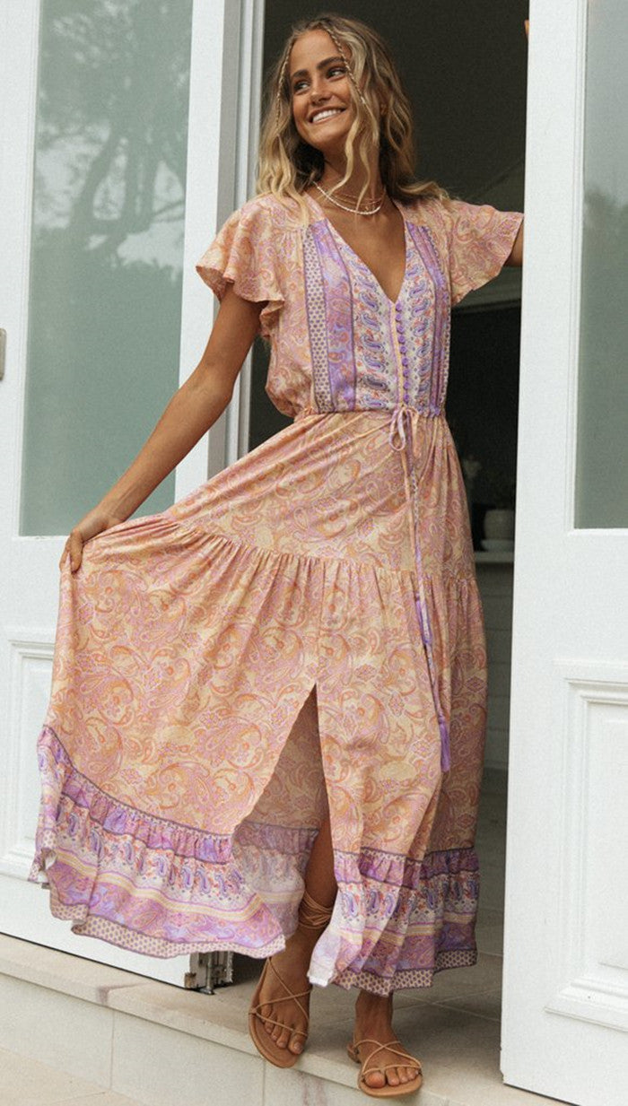 Damen luftiges Sommerkleid mit verspielten Volant-Ärmeln und elastischem Taillenzug Drune