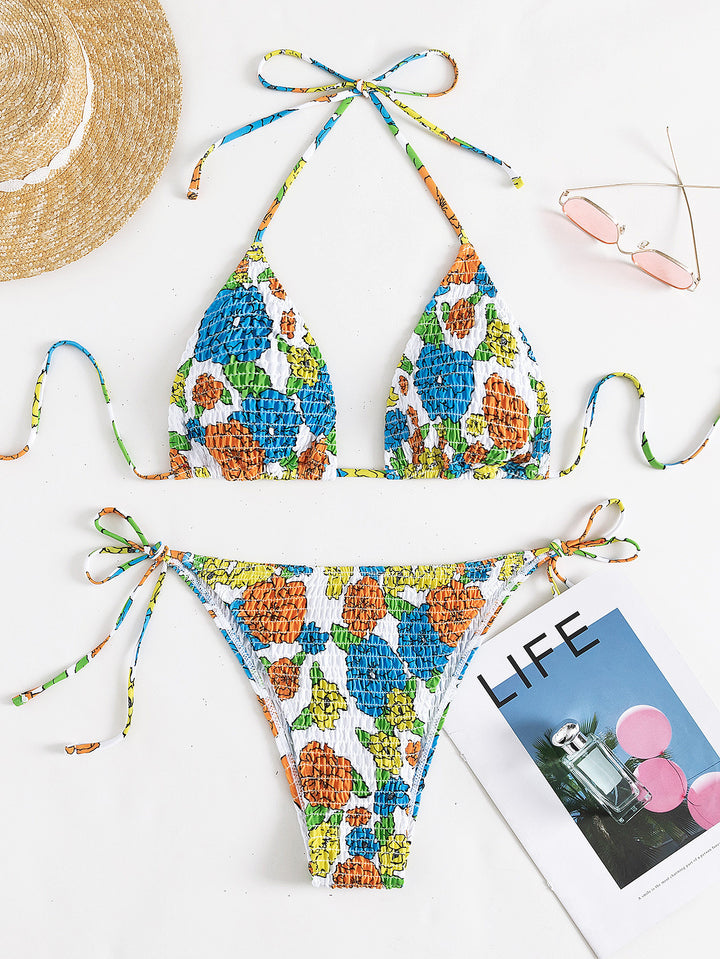 Damen Triangel-Bikini mit floralem Design und verstellbaren Bindebändern Drune