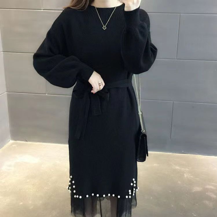Damen elegantes Strickkleid mit Taillengürtel und dekorativem Saum Drune