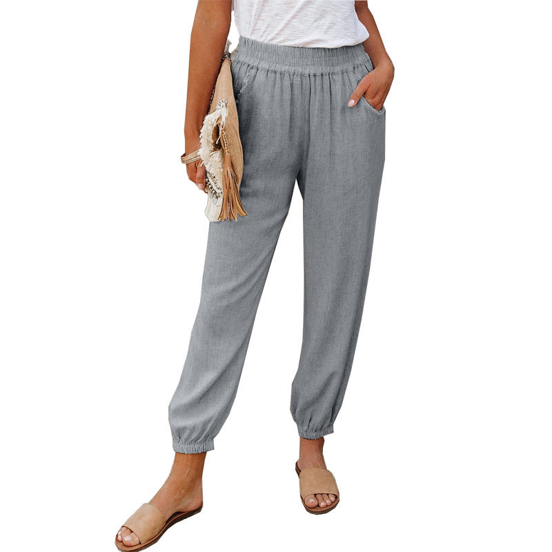 Damen lässige Leinen-Hose mit elastischem Bund und Gummizug Drune