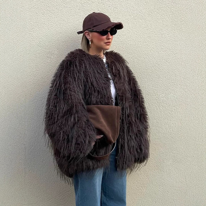 Damen Oversize Kunstpelz‑Mantel mit langfloriger Shag‑Optik und kastiger Silhouette Drune