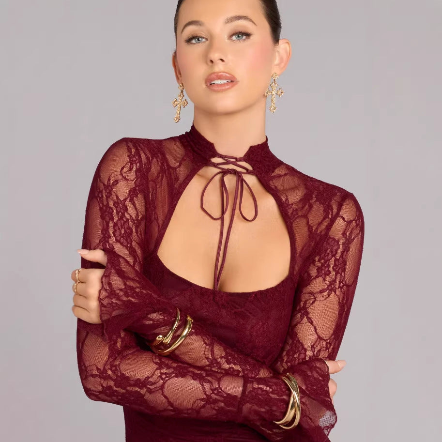 Damen Spitzenminikleid mit hohem Kragen und raffinierten Cut-Out-Details Drune