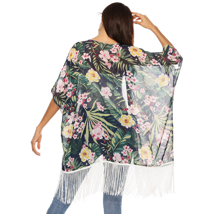 Damen Kimono mit floralem Design und Fransen Drune