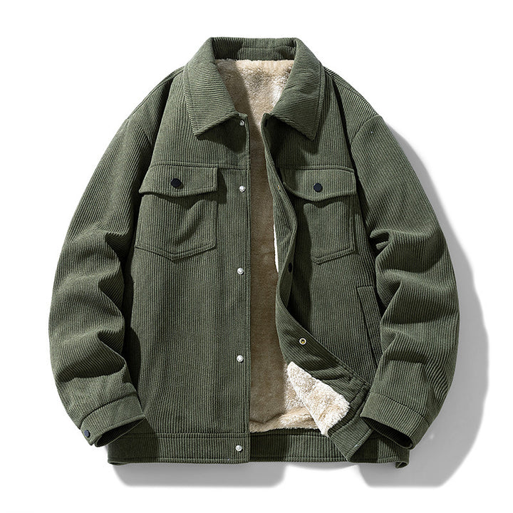Männliche -Cord-Jacke mit Kunstschafsleder-Futter und Druckknopfverschluss Drune
