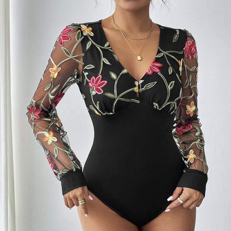 Damen Bestickter Mesh-Body mit V-Ausschnitt und transparenten Blumenärmeln Drune