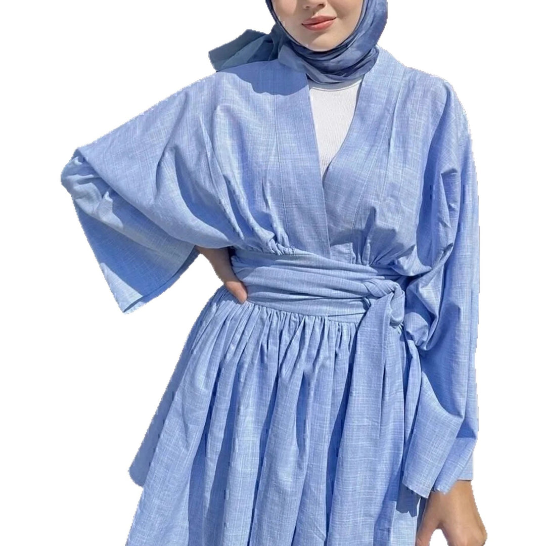 Damen Kimono-Wickelkleid in Leinenoptik mit weitem Rock und Bindegürtel Drune