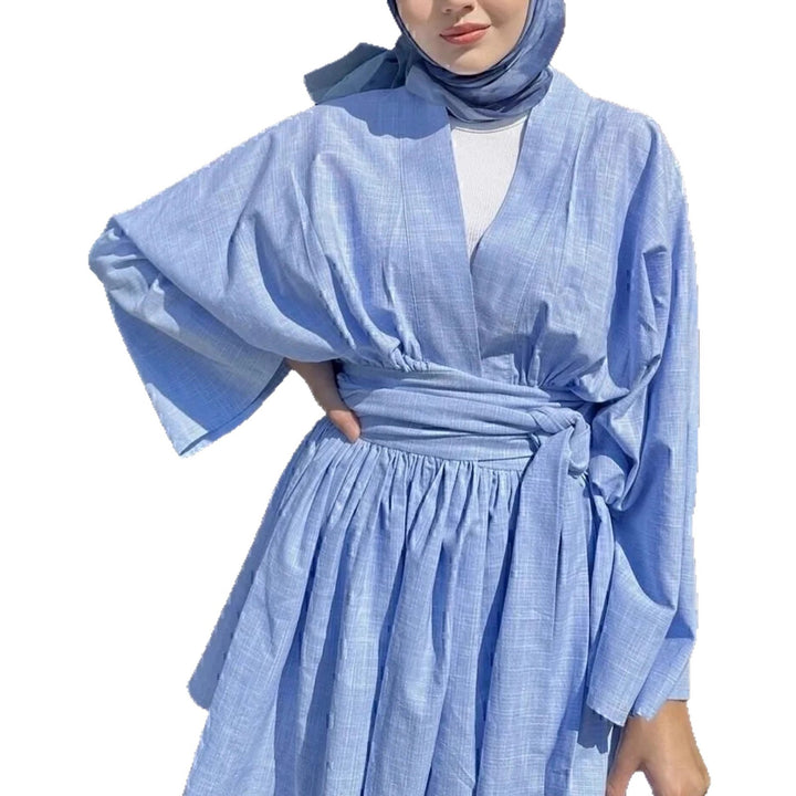 Damen Kimono-Wickelkleid in Leinenoptik mit weitem Rock und Bindegürtel Drune