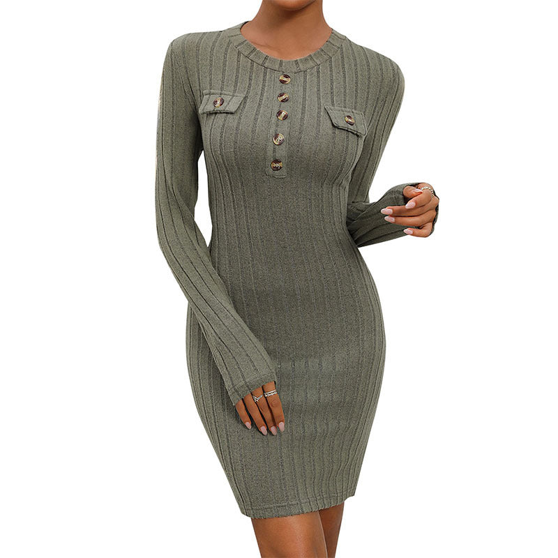 Damen Figurnahes geripptes Strick‑Minikleid mit Knopfleiste und Zier-Brusttaschen Drune