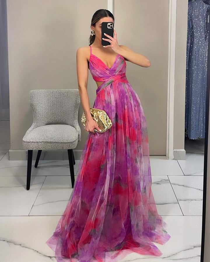 Damen Maxikleid mit kunstvollem Wickeldesign und transparentem Rock Drune