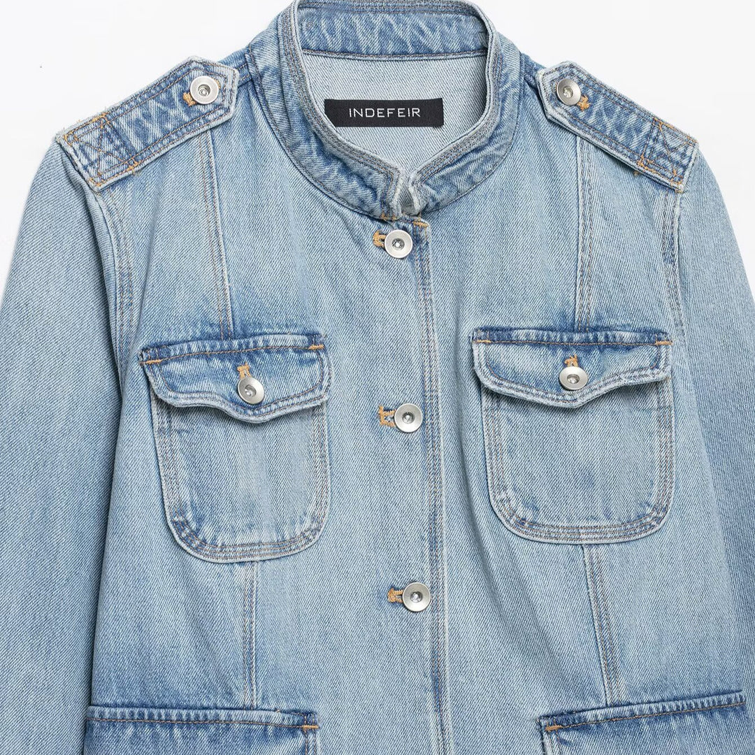 Damen Jeansfieldjacke mit Stehkragen, Schulterpatten und vier aufgesetzten Pattentaschen Drune