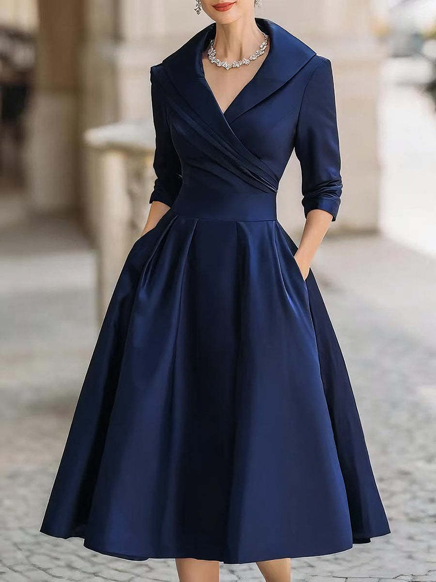 Damen nan elegantes Midikleid mit Wickeloberteil, Dreiviertelärmeln und Eingrifftaschen Drune