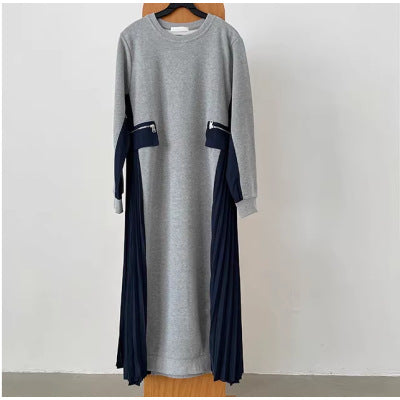 Damen Langes Oversize-Sweatkleid mit Rundhalsausschnitt, plissierten Seiteneinsätzen und Eingrifftaschen Drune