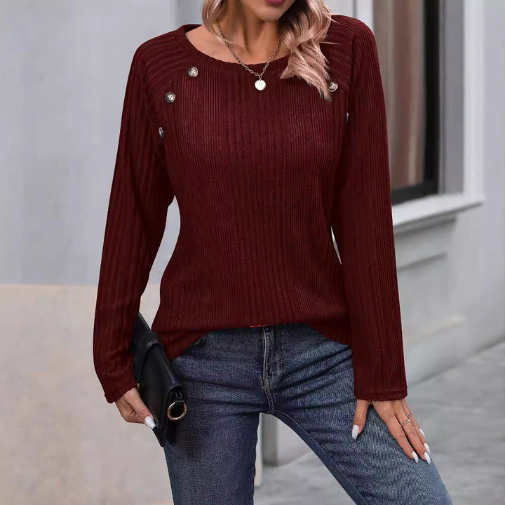 Damen Feiner Rippstrick-Pullover mit Zierknopfleiste und Rundhalsausschnitt Drune