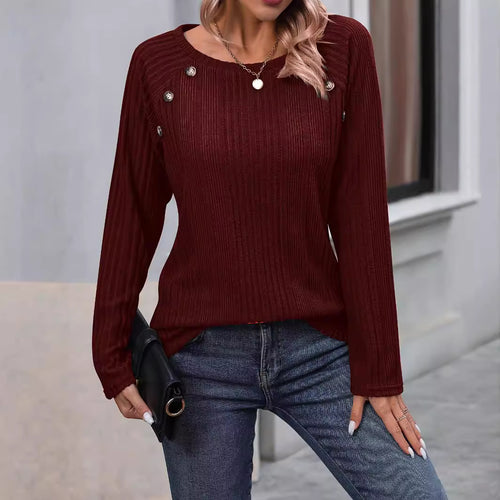 Damen Feiner Rippstrick-Pullover mit Zierknopfleiste und Rundhalsausschnitt Drune