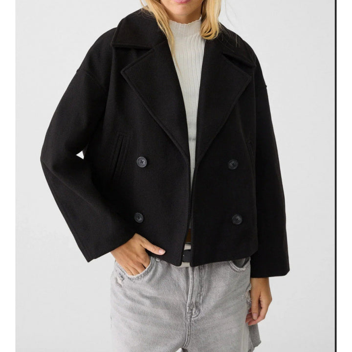 Damen Kurzer Zweireihiger Wollmix-Peacoat mit übergroßem Revers Drune
