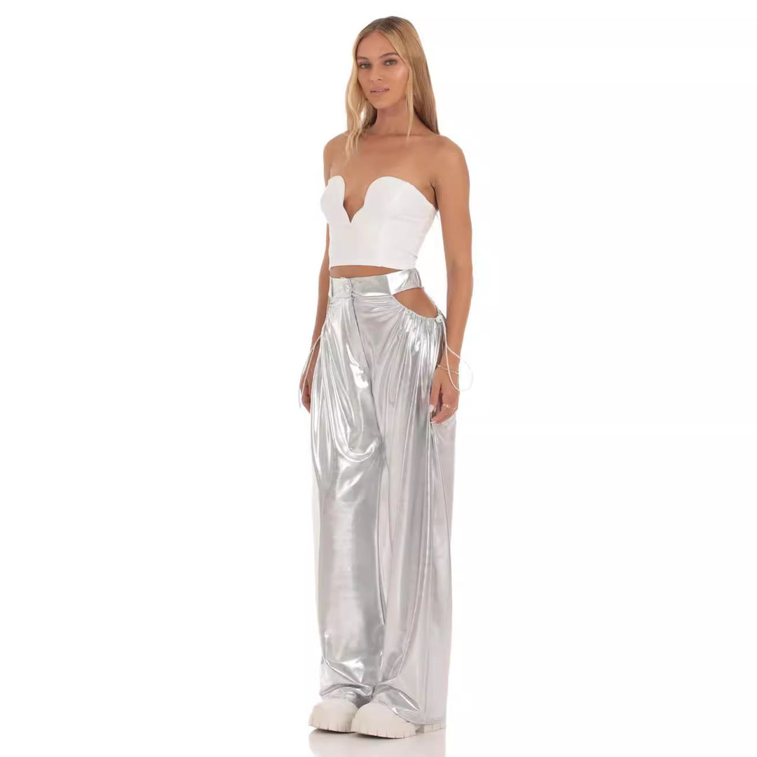 Damen High-Waist Baggy-Hose mit Cut-Out-Details und glänzendem Finish Drune