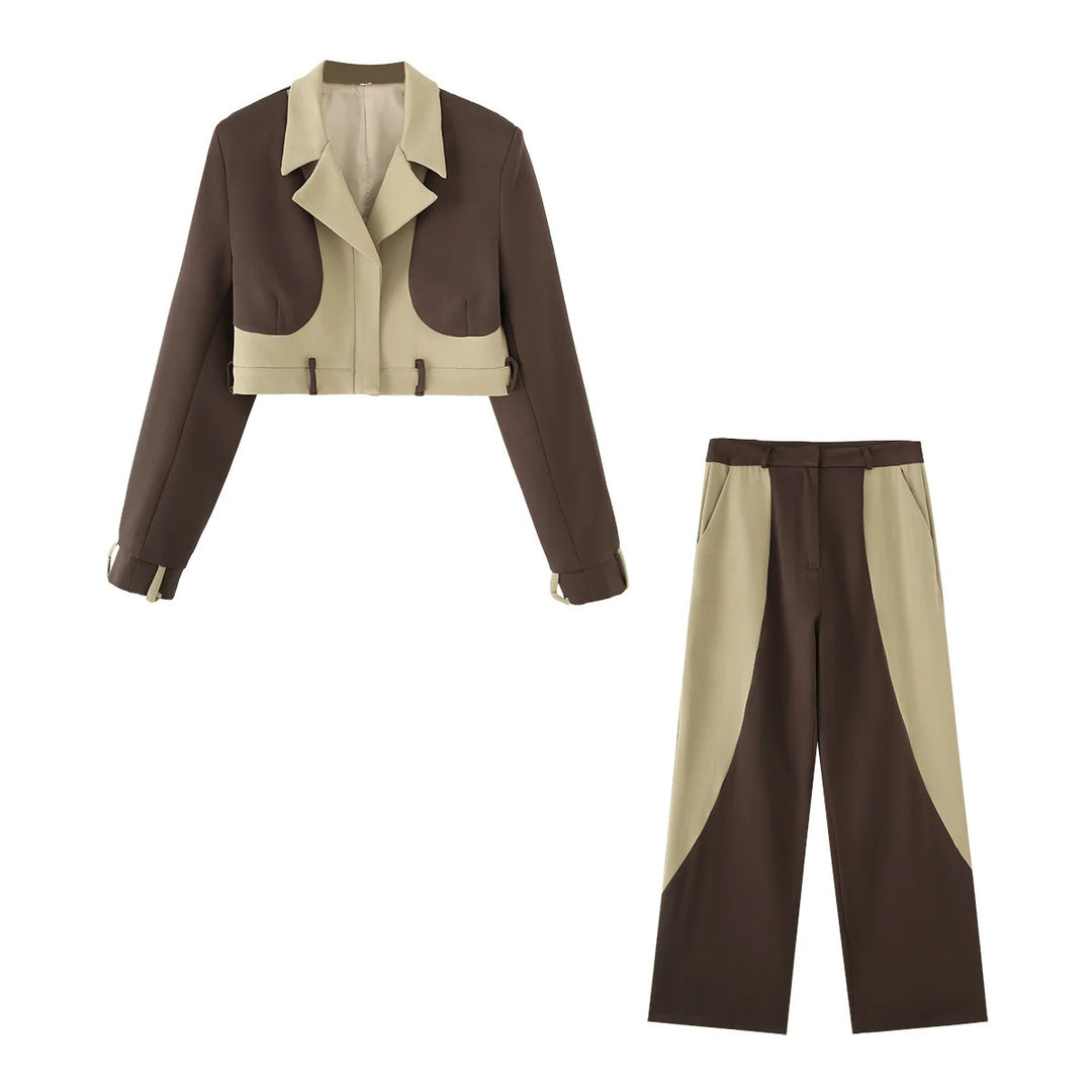 Damen nan kurzes Zweiteiler-Set: Blazer mit Umlegekragen und Highwaist-Weitbeinhose im Colorblock-Design Drune