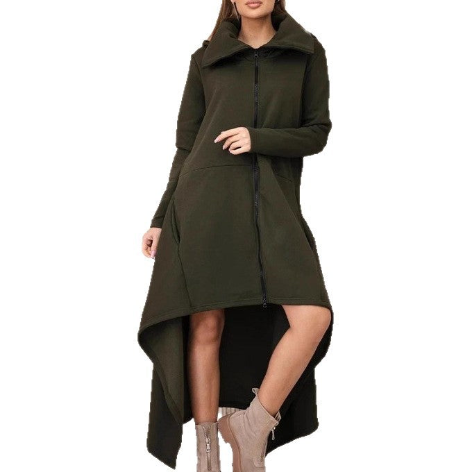 Damen nan asymmetrisches Sweatkleid mit hohem Stehkragen, durchgehendem Reißverschluss und verlängertem Rückensaum Drune
