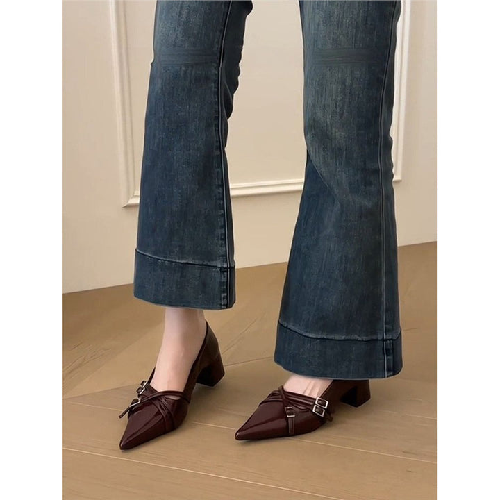Damen Spitz zulaufende Block-Absatz Pumps mit doppeltem Zierriemen Drune