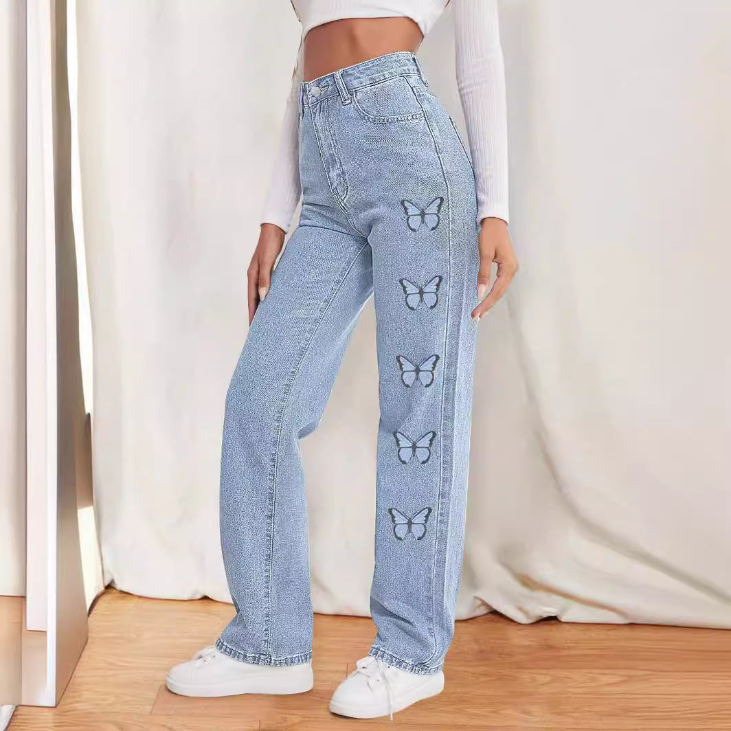 Damen taillenhohe gerade geschnittene Jeans mit seitlichem Schmetterlingsprint Drune