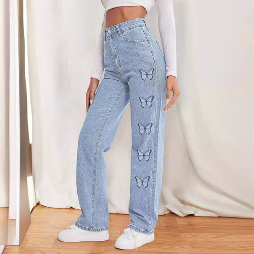 Damen taillenhohe gerade geschnittene Jeans mit seitlichem Schmetterlingsprint Drune
