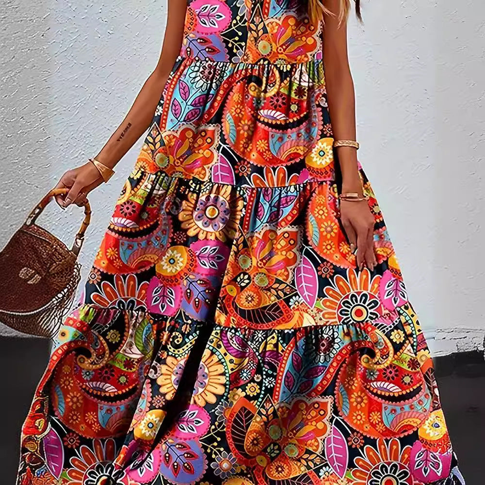 Damen nan stufenförmiges Boho-Maxikleid mit V-Ausschnitt und geraffter Unterbrustnaht Drune