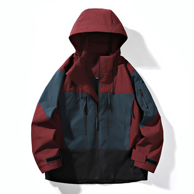 Herren Wasserabweisende Colorblock-Outdoorjacke mit Kapuze, Mehrfach-Reißverschlusstaschen und verstellbaren Bündchen Drune
