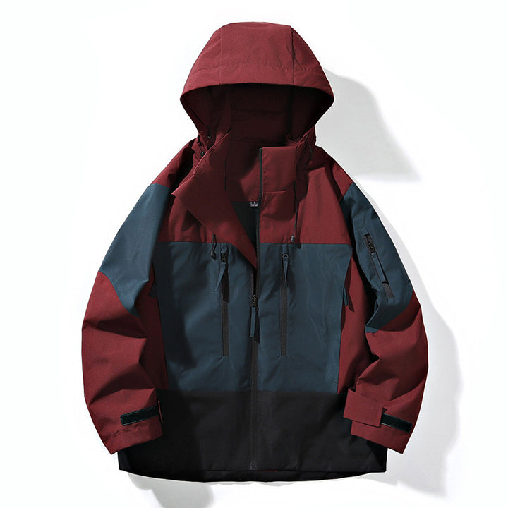 Herren Wasserabweisende Colorblock-Outdoorjacke mit Kapuze, Mehrfach-Reißverschlusstaschen und verstellbaren Bündchen Drune