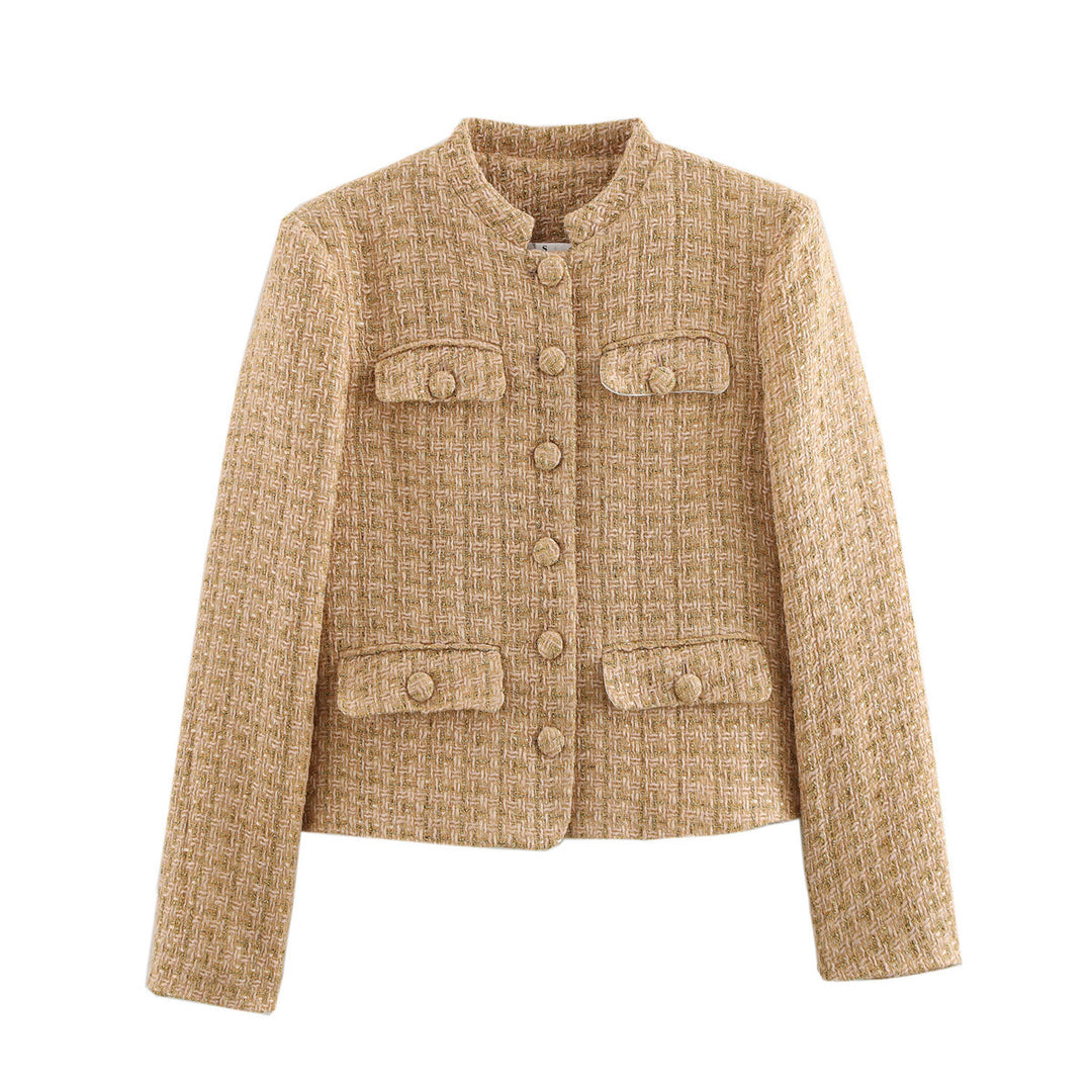 Damen nan taillierte Bouclé-Tweed Jacke mit Stehkragen und vier Zier-Taschen Drune