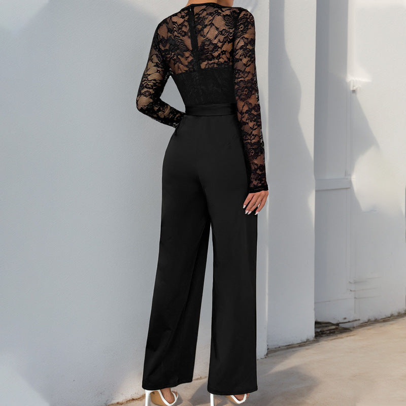Damen eleganter Jumpsuit mit Spitzenoberteil und taillierbarem Gürtel Drune