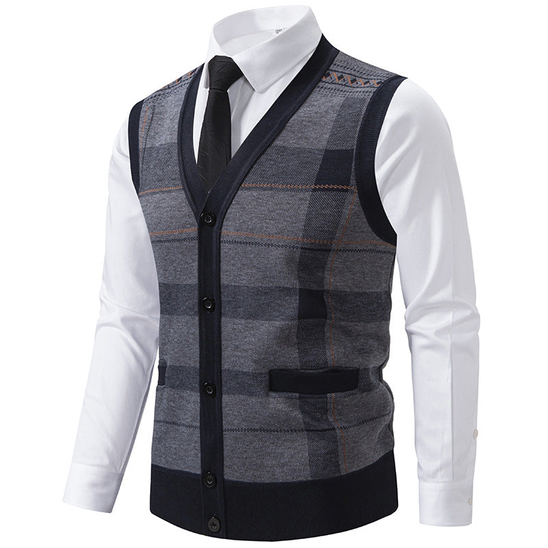 Herren Ärmellose Strickweste mit Rauten‑Muster, V‑Ausschnitt und Knopfleiste Drune