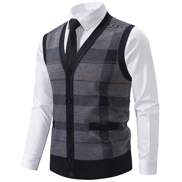 Herren Ärmellose Strickweste mit Rauten‑Muster, V‑Ausschnitt und Knopfleiste Drune