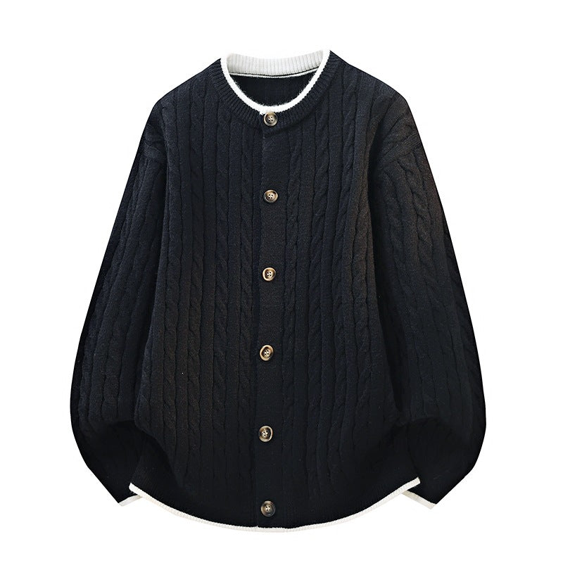 Damen Oversize Zopfstrick-Cardigan mit Rundhalsausschnitt, Holzknopfleiste & Kontrastbesatz Drune