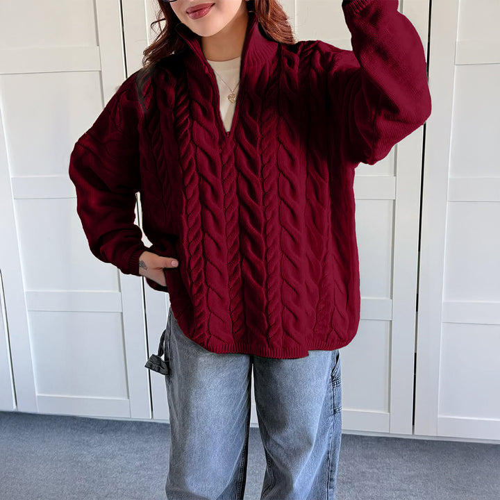 Damen nan oversized Zopfmuster-Troyer mit halbem Reißverschluss, hohem Stehkragen und gerundetem Saum Drune
