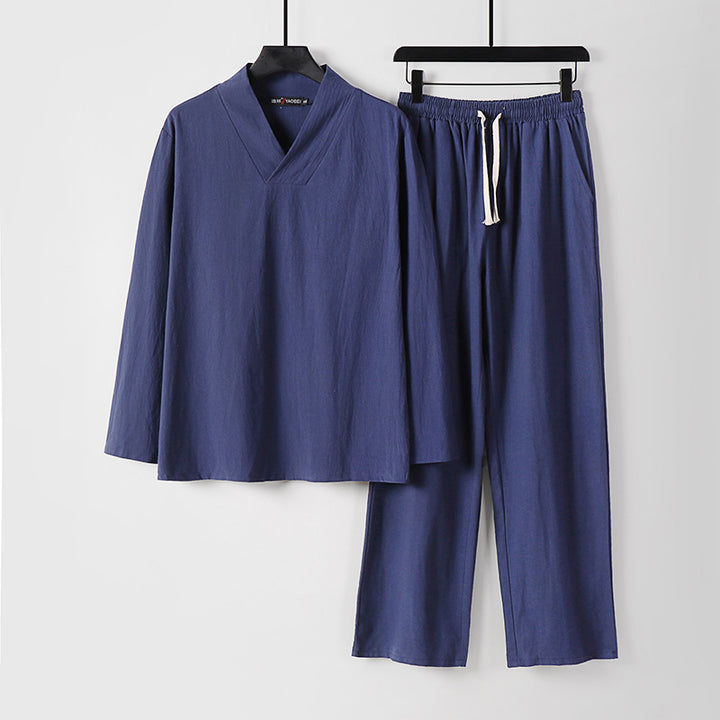 Unisex Zen-inspiriertes Leichtes Loungewear-Set mit V-Ausschnitt-Shirt und Elastischer Kordelbund-Hose Drune