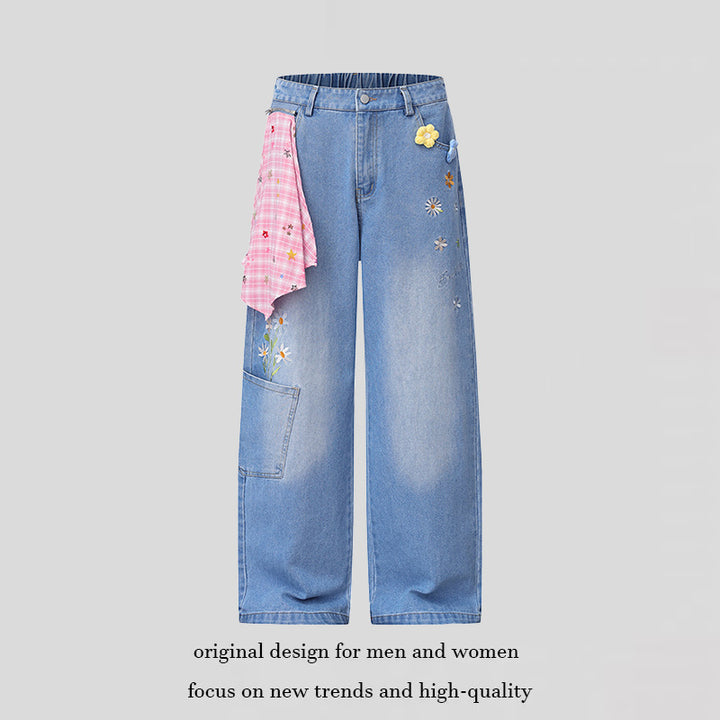 Damen Weite High‑Waist Denim‑Palazzo‑Jeans mit Blumenstickerei, Cargo‑Tasche und Tuchdetail Drune