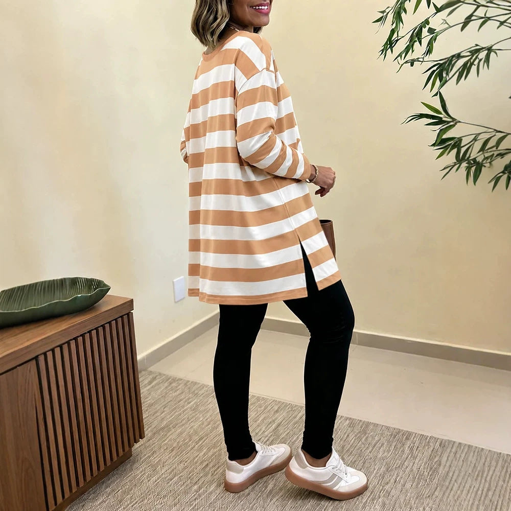 Damen Oversized Streifen-Longsleeve mit Rundhalsausschnitt und abgerundetem Saum Drune